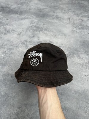 Stussy Black Brown Washed Faded Panama Bucket Hat Y2K Hype Centre Logo Y2K OS