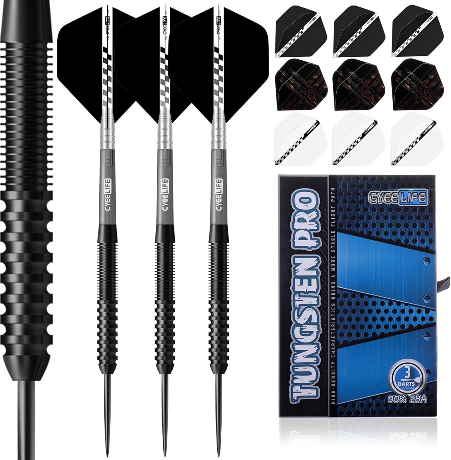 CyeeLife Tungsten Pro Steel tip Dart Set 23g, Aluminum Shaft, Sharpener 2BA ZH05