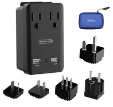 TESSAN 2000W International Travel Adapter Kit Black 2AC Outlets w/ Dual USB Port