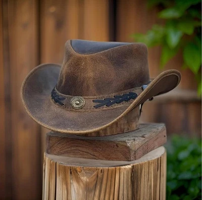 BULLHEADZ Western Cowboy Hat Genuine Leather Cowboy Hat Adjustable Aussie Style Horse Hat