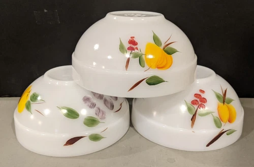 3 Vintage 3"x6" Decorated Fire-King Glass Mixing Serving Bowls Peach Pear Grapes