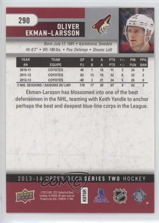 2013-14 Upper Deck Oliver Ekman-Larsson #290 - Image 2 of 2