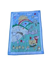 Vintage Handmade Baby Quilt Farm Animals Bunny Duck Lamb Rainbow Blanket 27x38