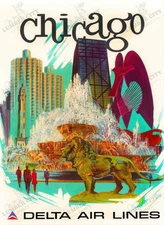 Chicago 1974 Delta Air Lines Vintage Travel Poster Wall Art Print Retro