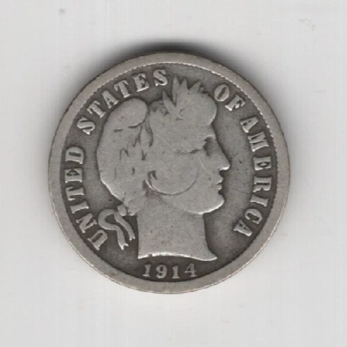 1914 D BARBER DIME 90% SILVER DENVER MINT 10¢ UNITED STATES AMERICA USA SILVER
