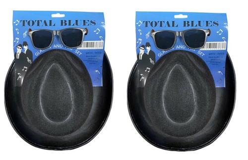 2 x ENSEMBLE CHAPEAU ET LUNETTES BLUES BROTHERS LUNETTES DE SOLEIL ROBE FANTAISIE COSTUME GANGSTER - Photo 1/7