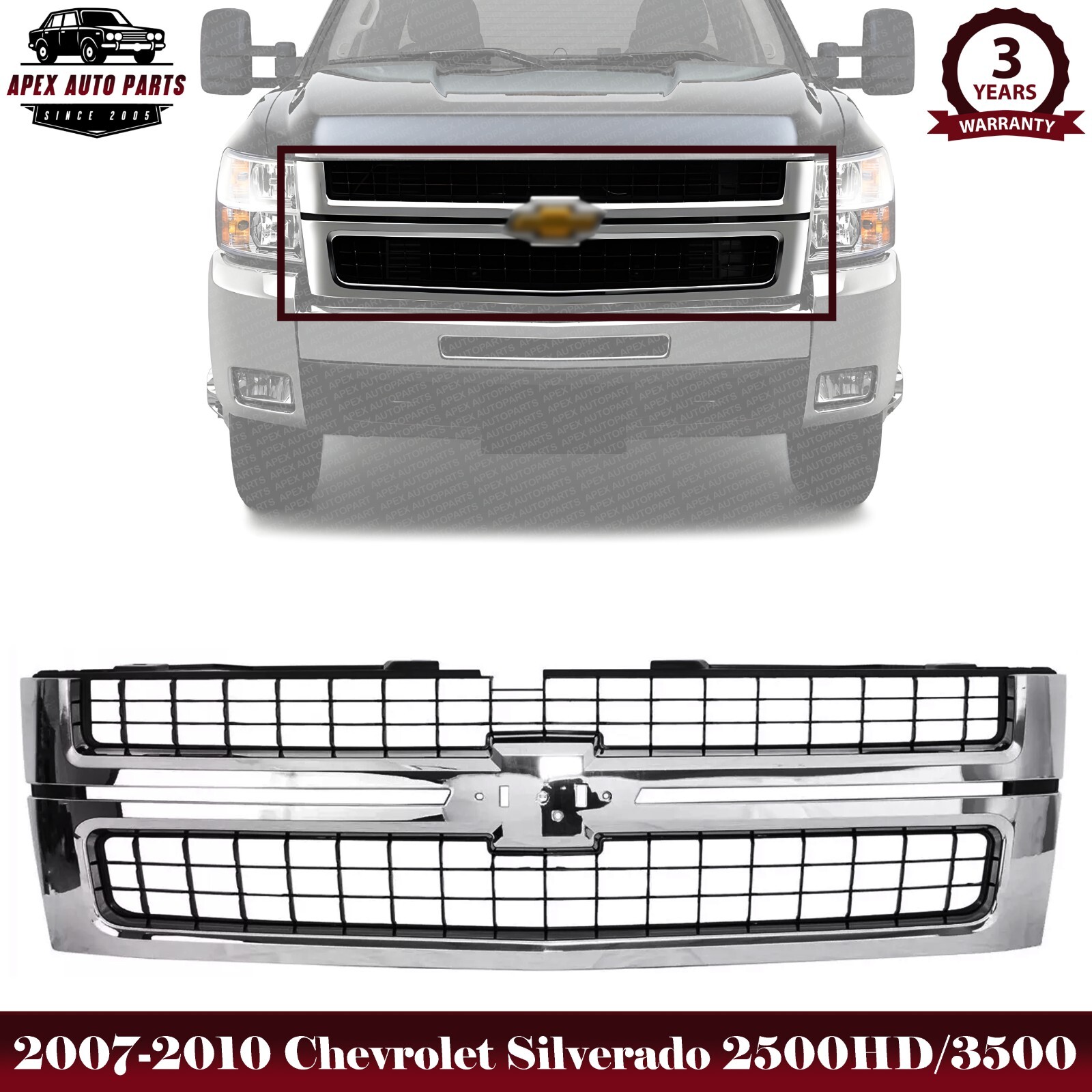 Front Grille Chrome Shell & Primed Insert For 2007-2010 Silverado 2500HD 3500HD