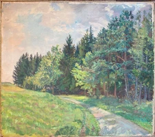 ::OIL PAINTING THE STREET AT THE YOUNG FOREST IN KAISERSLAUTERN WITH FIRS & PINE TREES