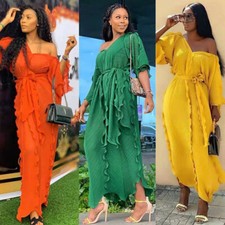 African Women Oversize Chiffon V-Neck Maxi Dress Ruffles Dubai Loose Kaftan Robe