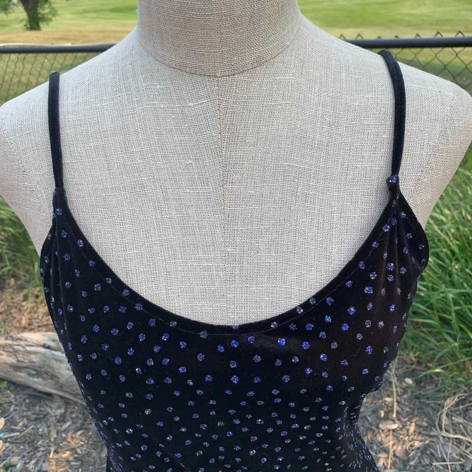 Maxi Vestido Vintage Terciopelo Sin Mangas M Negro Años 90 Y2K Baile de graduación Fiesta Brillo Abertura Elástico Foto 2 de 4