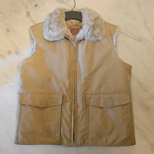 VTG Woolrich Winter Vest Women's L Tan Zip-Up Lush Faux Fur Lined Cotton Blend