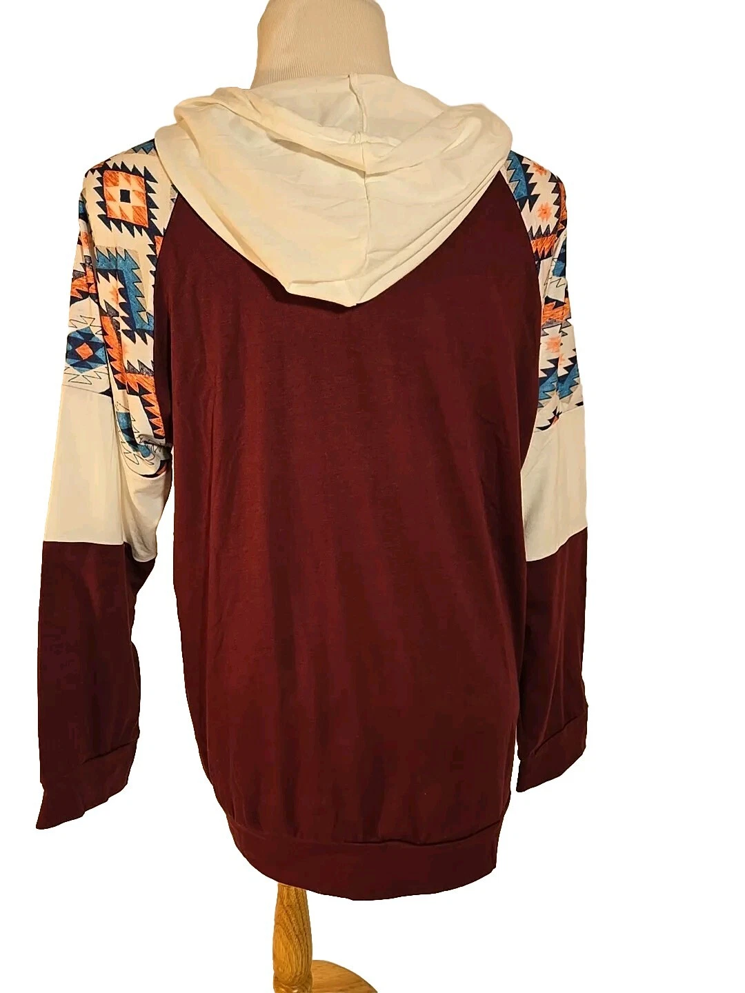 OFF WHITE Top con cappuccio da donna taglia XL. Felpa Borgogna & Avorio Azteca Maniche Lunghe Nuova