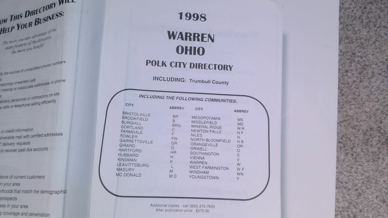 POLK 1998 WARREN OHIO CITY DIRECTORY Including: Trumbull County Mahoning Valley