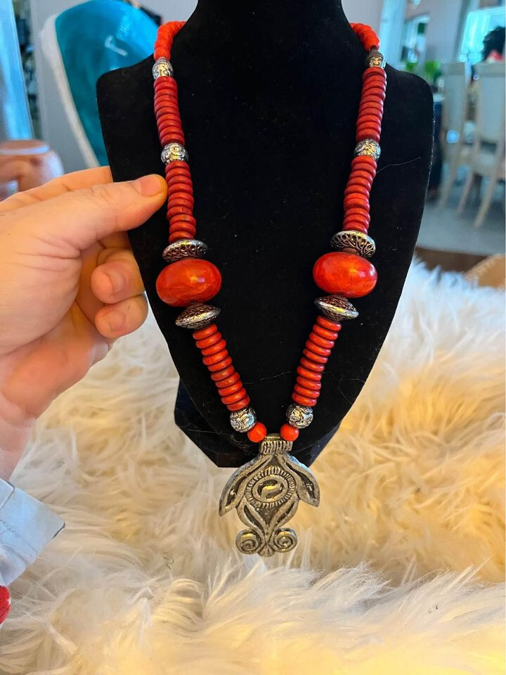 Burnt Orange/Red Tone Silver Statement Necklace w… - image 1