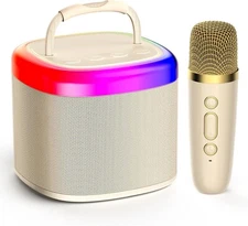 JYX Mini Karaoke Machine for Kids - Beige Bluetooth Speaker with Party Lights an