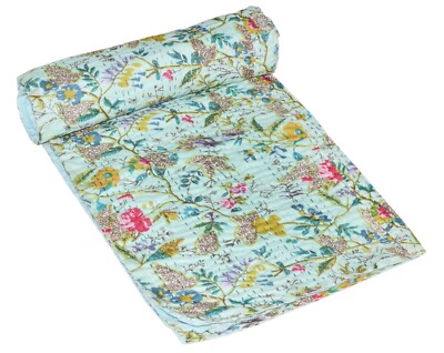 Indian Handmade Floral Kantha Quilt Reversible Bedspread Single Cotton Coverlet