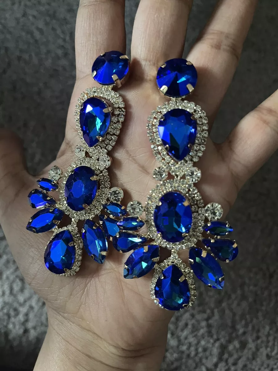 Vintage Deep BLUE RHINESTONE Drop Dangle Earrings Pierced 