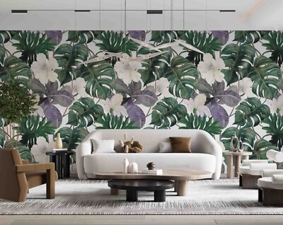 3D Green Leaf White Floral Self-adhesive Removable Wallpaper Murals