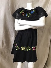 Girls Mexican Embroidered Black Floral Dress Ruffled Lace Trim Party Fiesta
