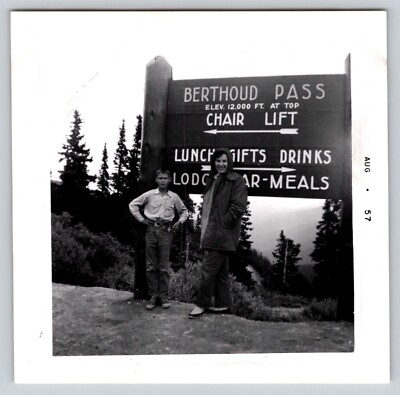 Photograph August 1957 Bethoud Pass Colorado Sign Two People Chair Lift