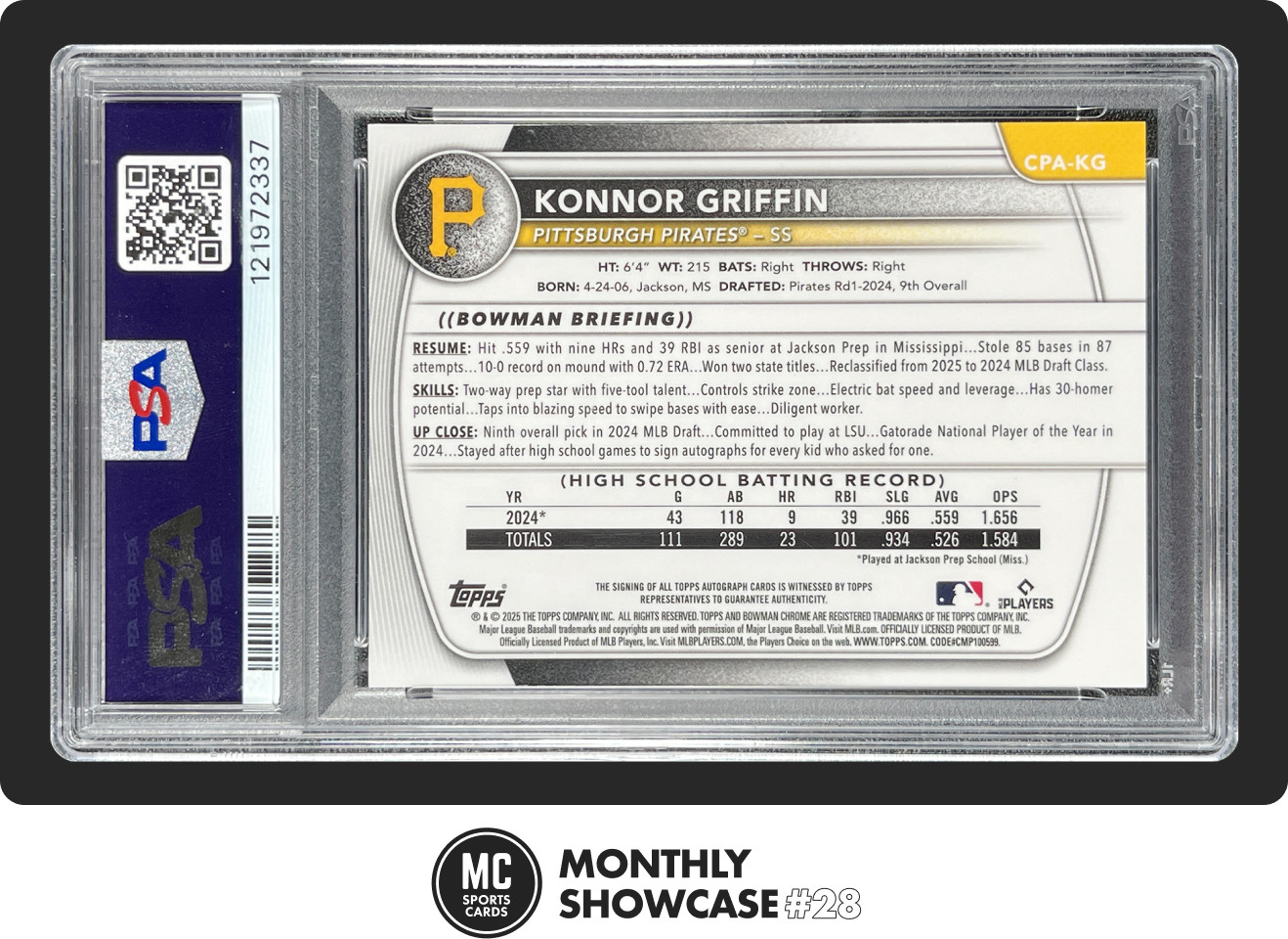 KONNOR GRIFFIN PSA 10 2025 BOWMAN CHROME PROSPECT AUTO TRUE RED REFRACTOR RC 1/5 view 2