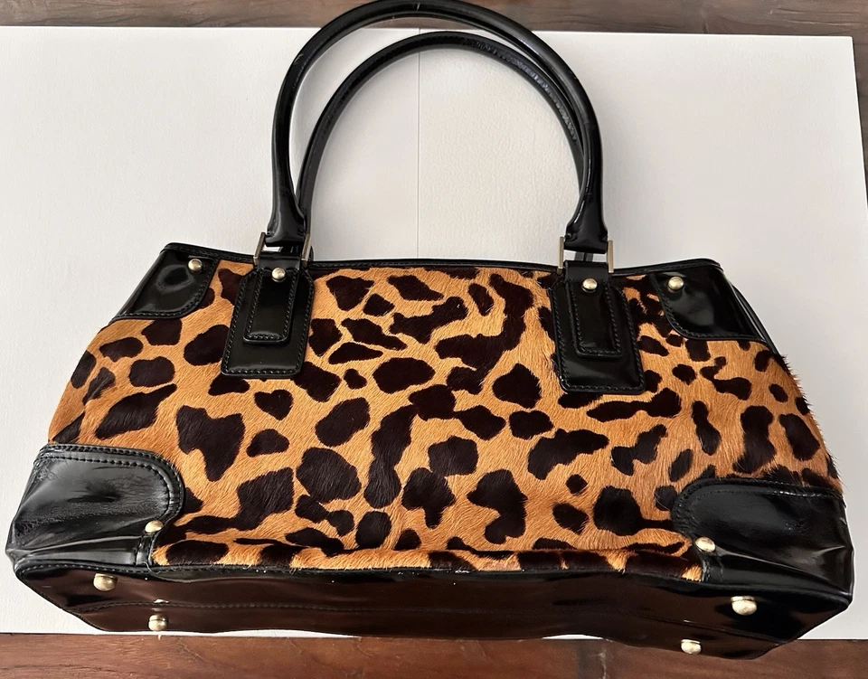 TALBOTS CALF HAIR LEOPARD PRINT BLACK PATENT LEATHER SATCHEL SHOULDER BAG BROWN - Image 3 of 4