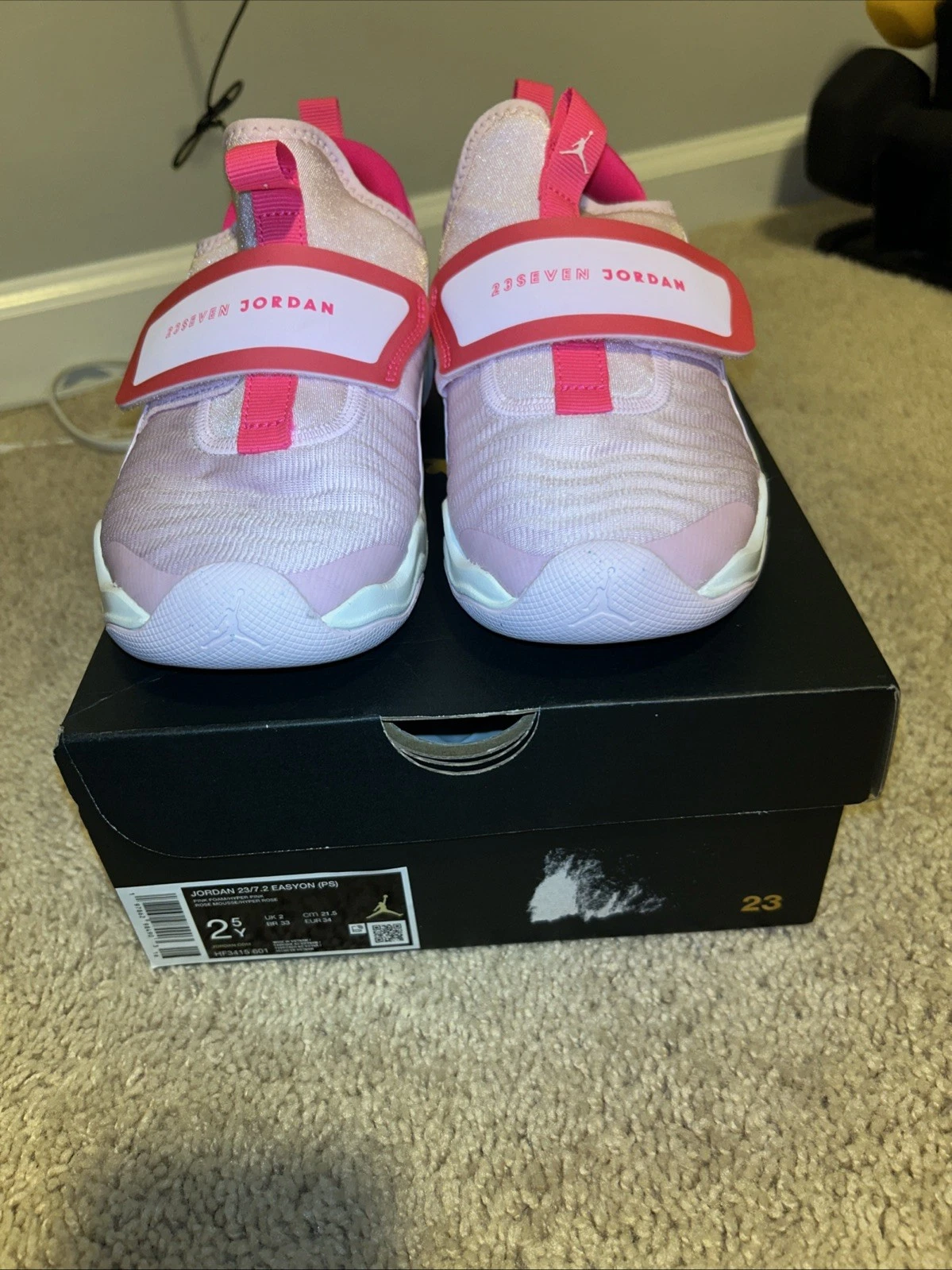 Nike Air Jordan 23/7 Easy On PS Strap Shoes Pink White Youth Size 2.5 HF3415-601