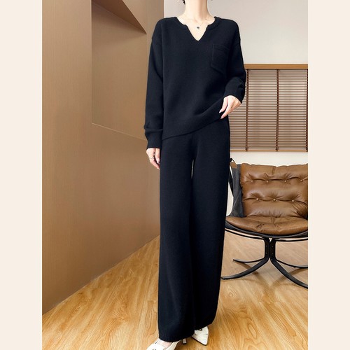 Tasche Freizeit Zweiteiler Set Damen V-Ausschnitt Pullover weites Bein Hose Strickpullover - Bild 5 von 26