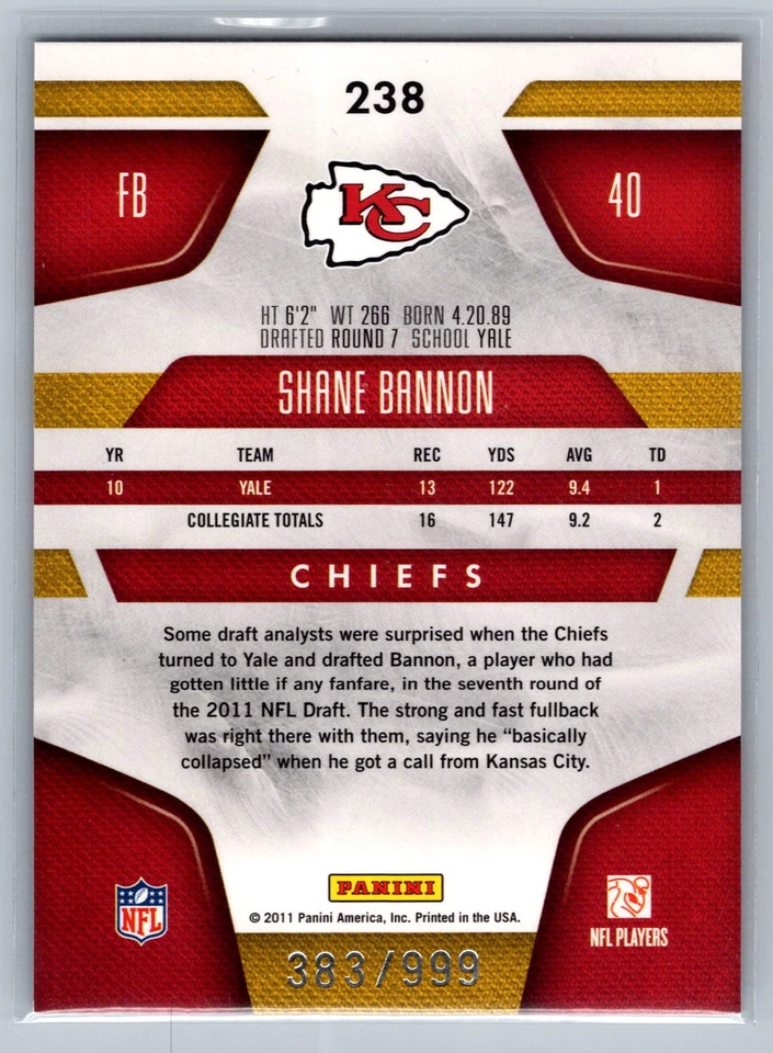 2011 Panini Certified #238 Shane Bannon #/999 - Image 2 of 2