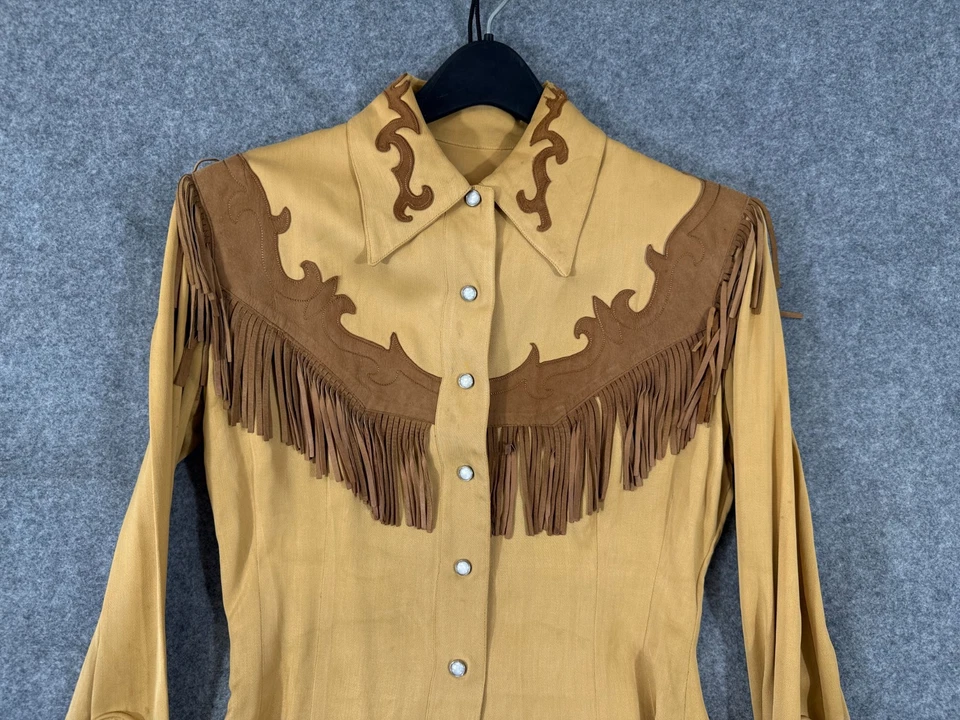 Handmade Tailored Western Fringe Shirt Womens S Beige Pearl Snap Front Vintage - Image 2 of 4