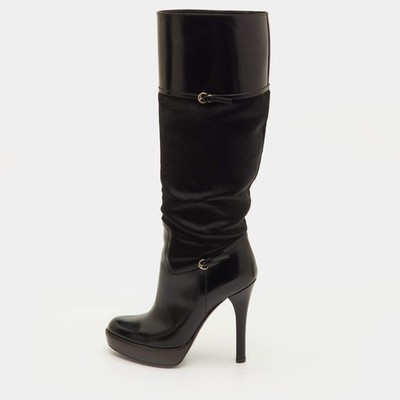 Gucci Size 36 Black Leather and Calf Hair Platform Knee Length Boots