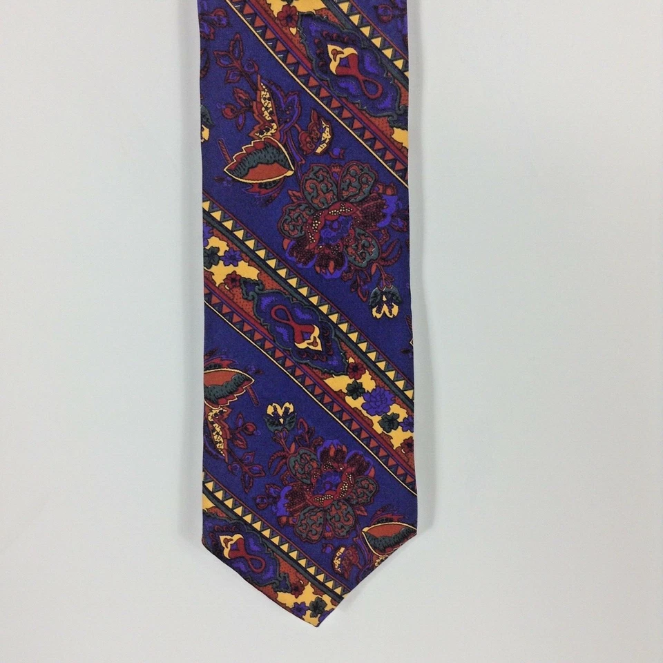 Gap Necktie 100% Silk Indigo Blue Butter Yellow Brick Red Floral Made in USA - Image 3 of 4