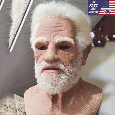 Realistic Halloween Latex Human Wrinkle Face Mask Old Man Full Head Headwear US