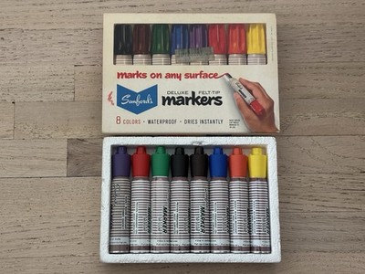 NEW Vtg Sanfords Deluxe Felt Tip 8 Short Multicolor Markers Box Set Potent Smell