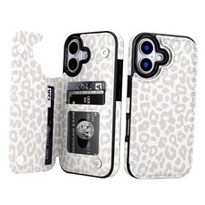 Wallet Case with Card Holder for iPhone 17 Cheetah Pattern Back White Leopard