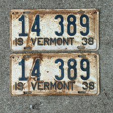1938 Vermont License Plate Pair Auto Tag Garage Decor Vintage 14 389