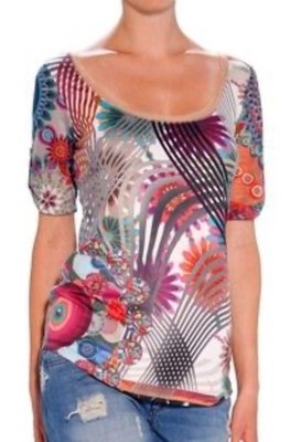 DESIGUAL Mixed Print Designer Fringe Trim Lightweight Tshirt Top Women's Sz M