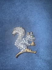 Vintage Rhinestone Squirrel Brooch Pin Green Eye Gold Tone Branch