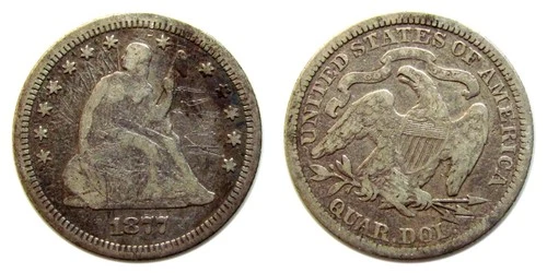 Seated Liberty Quarter Dollar 1877 Variety 4 Resumed G - VG Condition