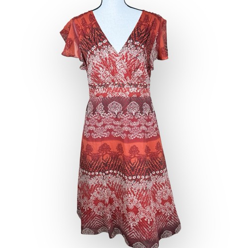 Coldwater Creek 100% Seide Midikleid Plissee Top Bindeband Taille Rot Boho Blumenmuster