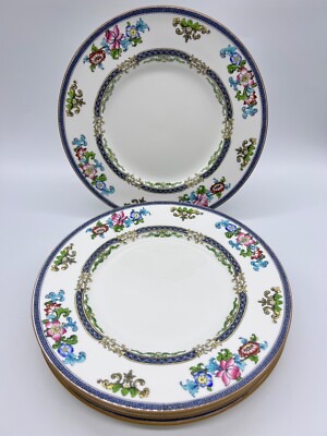 Set of 4 Minton Blue Bands 10-1/4'' Floral Dinner Plates Crazing B898 England