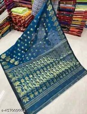 Indian Women's Dhakai Jamdani Cotton Silk Saree Without Blouse Festive Wear Sari
