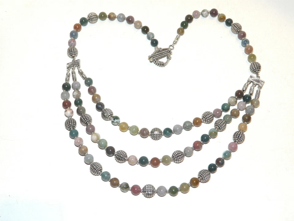 Collier plastron 3 rangs en pierre véritable d'agate indienne multicolore UNIQUE - Photo 3/4
