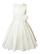 Girls Sheer Neckline Satin Tea Length Flower Girl Dress for Wedding Easter