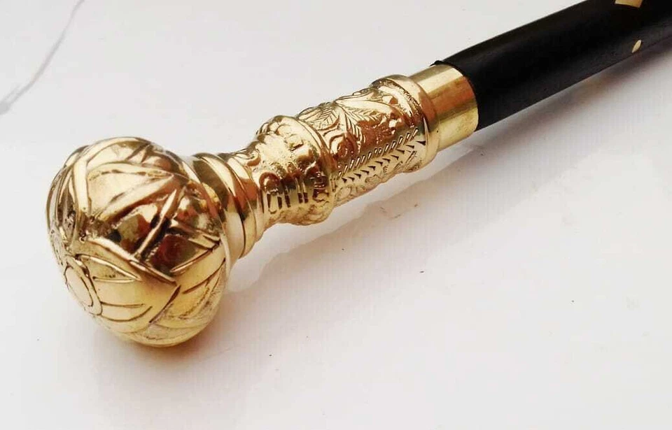 Perilla de diseño de latón macizo vintage mango de cabeza bastón de madera bastón regalo Foto 3 de 4