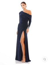 Mac Duggal Gown Womens 4 Blue Beaded Off Shoulder Faux Wrap Wedding Gala Formal