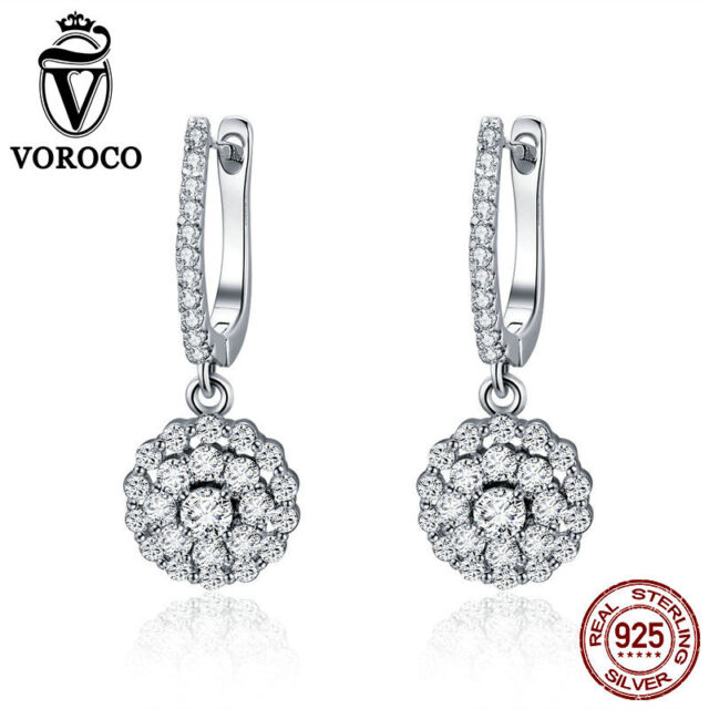 VOROCO 925 Sterling Silver AAA CZ Clip On Earring Rhodium Plating Fine Jewelry