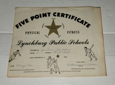 1961 Five Point Certificate Physical Fitness Lynchburg Public Schools VA