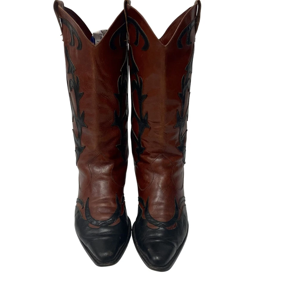 Vtg 80's Van Eli Brown Leather Cowboy Western Black Wingtip RODEO Boots 6 M - Image 3 of 4