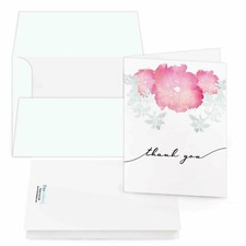 Thank You Greeting Cards and Envelopes, Pink Leaf Art, A2 Size, 25 Qty